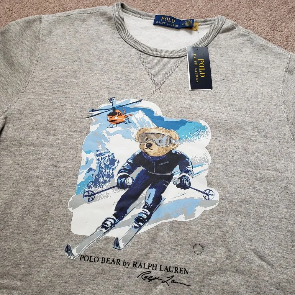 NWT Polo Ralph Lauren Ski Bear Sz Large Mens Gray Crewneck Sweatshirt Helicopter